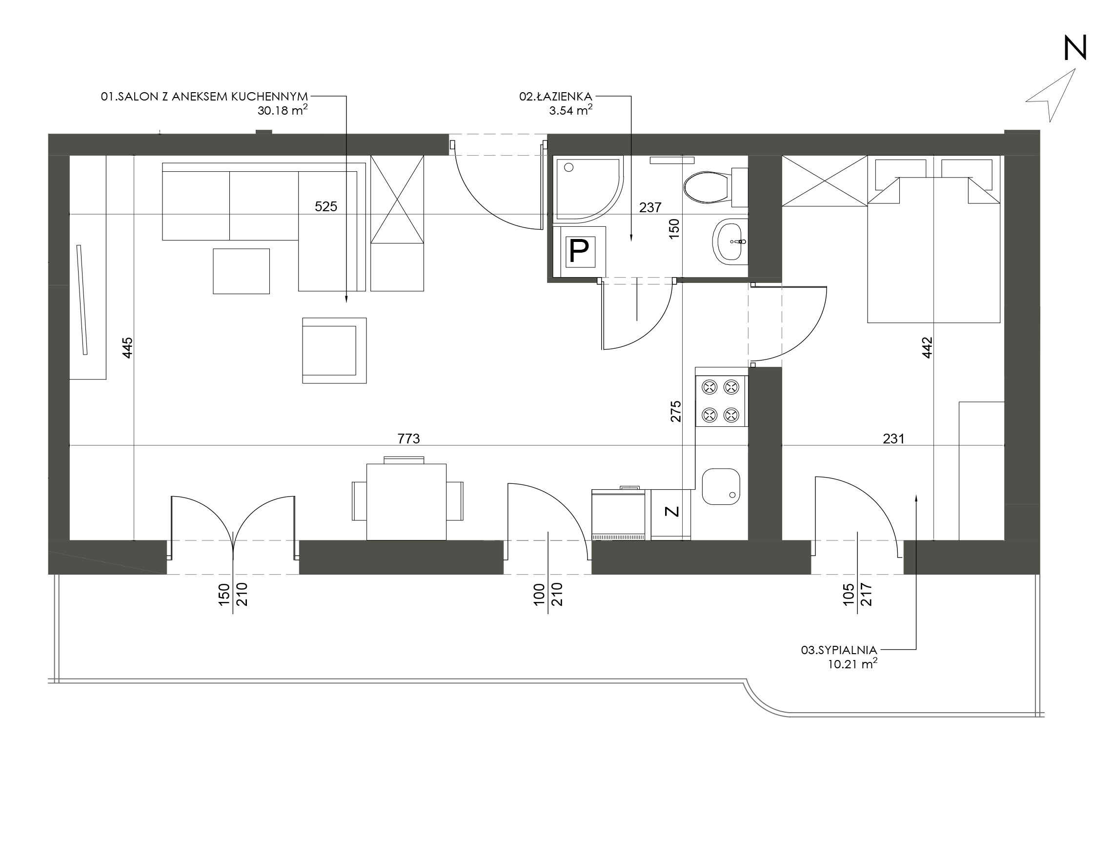 Rzut 3D - Apartament 2-pokojowy